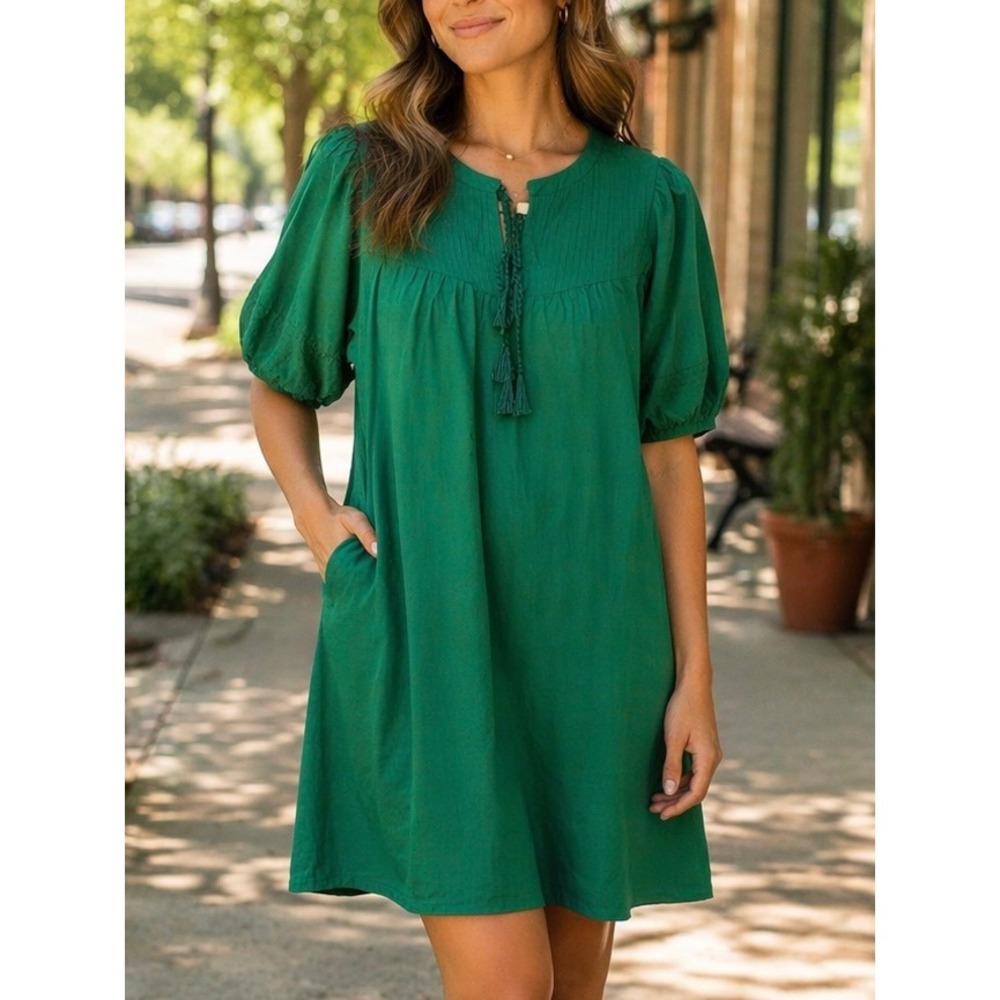 Knox‎ Rose Womens Medium Green Short Sleeve Dress Tassel Tie Neck Casual